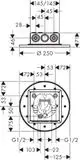Kopfbrause mit runder Form, montiert an einer Decke. Sichtbare Düsen. Abmessungen sowie Verbindungen sind im technischen Diagramm dargestellt. Entwurf von AXOR.
